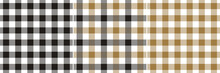 Gingham Pattern Set In Gold Brown, Black, White For Autumn Winter. Seamless Designs For Womenswear And Menswear Shirt, Trousers, Shorts, Skirt, Scarf, Towel, Napkin, Handkerchief, Other Textile.