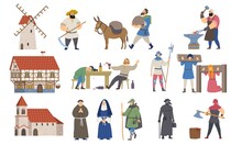 Medieval Icon Set With Houses, Taverns, Villagers Blacksmith Executioner On White Background. Concept Of Medieval People And Essential Elements For Stickers. Flat Cartoon Vector Illustration