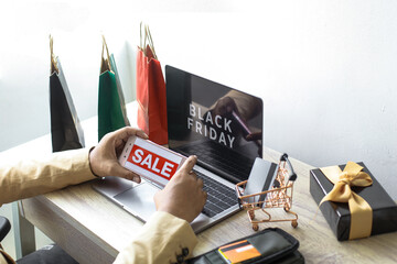 Poster - Black Friday Sale or online shopping promotion concept with various shopping accessories