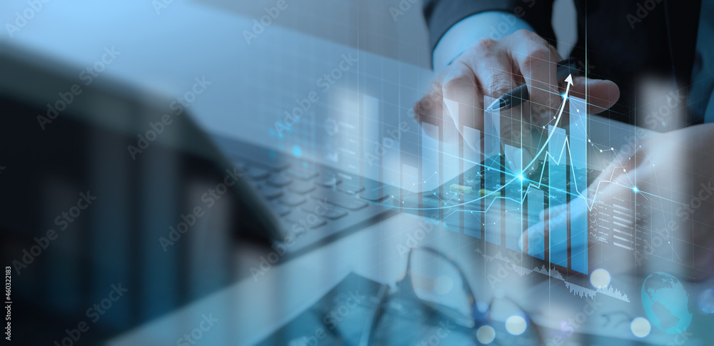 Businessman working with modern computer calculator virtual dashboard ...