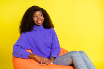 Poster - Profile portrait of pretty cheerful dark skin person look empty space imagine isolated on yellow color background