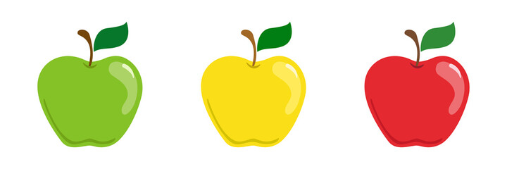 Apples set. Flat design green, red and yellow apple on a white background. Illustration.