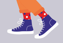 
Shoe Pair, Boots, Footwear. Canvas Shoes. Feet Legs Walking In Sneakers With Colored Socks And Jeans. Fashion Style High-top And Low-top Sneakers.Lace-up Shoes.Color Isolated Flat Vector Illustration