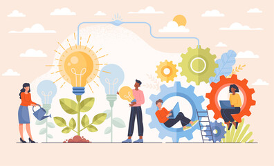 business people characters are generating and maturing new ideas in the form of a lightbulb. concept