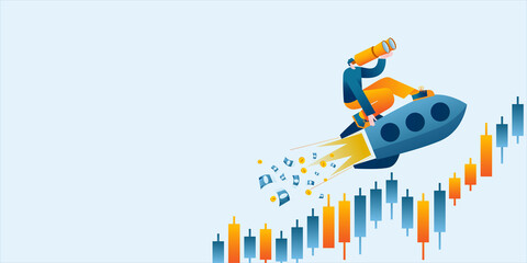 A young man with binoculars is flying on a rocket against the background of a Forex chart. Vector illustration about investments and trading. Horizontal banner template.