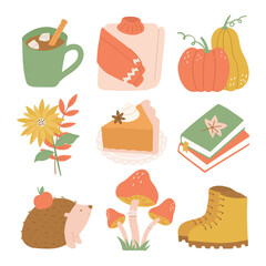 Wall Mural - Set of autumn elements. Cozy fall clipart. Collection of autumn illustrations - boots, leaves, books, mushrooms, pie, books, sweater. Vector clipart isolated