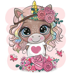 Wall Mural - cartoon unicorn with flowers on a pink background