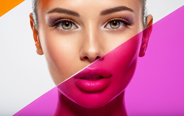 Wall Mural - beautiful white girl with bright eye-makeup. beautiful fashion woman with a colored items. glamour f