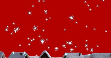 Wall Mural - Animation of snow falling over houses on red background