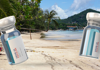 two vaccine bottles as symbolic concept and the clear ocean on the Sairee Beach in Thailand on the island Koh Tao 3d-illustration