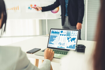 Poster - businesswoman in business meeting using laptop computer proficiently at office for marketing data an