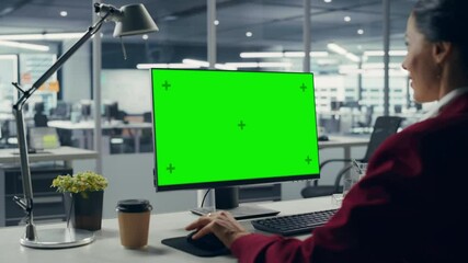 Leinwandbilder - Successful Caucasian Businesswoman Sitting at Desk Working on Green Screen Laptop Computer in Office. Beautiful Businessperson using Chroma Key Display. Over Shoulder Static Shot