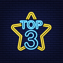 Top 3 - Top Ten Gold With Blue Neon Label On Black Background. Vector Illustration.