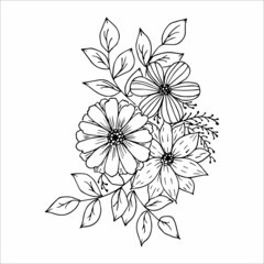 Нand drawn bouquet of flowers in doodle or sketch style, black and white vector illustration