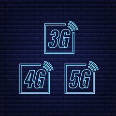 Sticker - 5G, 4G, 3G neon symbol set isolated on background, mobile communication technology and smartphone network. Vector stock illustration.