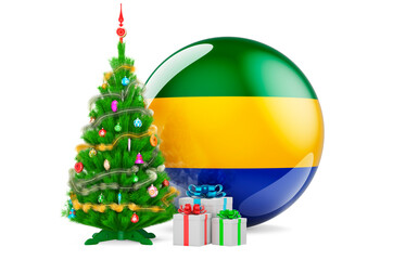 Christmas and New Year in Gabon, concept. Christmas tree and gift boxes with Gabonese flag, 3D rendering