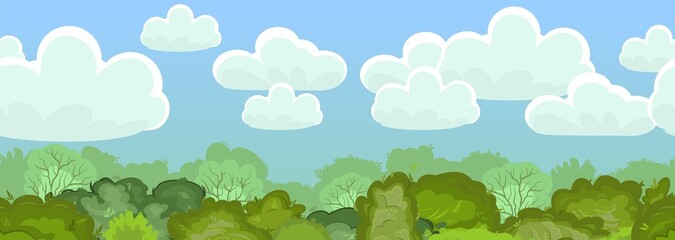 Wall Mural - Seamless forest. Treetops and sky. Illustration nature landscape. Dense foliage. Summer. View of the green trees. Cartoon flat style. Vector