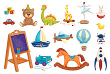 A Set With Children's Toys, Vehicles, Dolls, Animals, Chalk Board, Etc. Cartoon Vector Graphics.