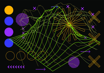 Poster - Landscape made of polygonal wireframe. Concept of virtual reality and sci-fi world.