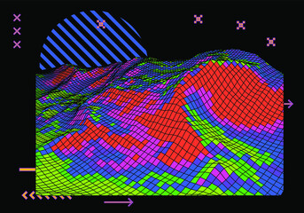 Poster - Landscape made of polygonal wireframe. Concept of virtual reality and sci-fi world.