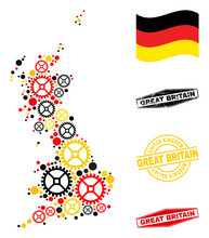 Gear Great Britain Map Mosaic And Stamps. Vector Collage Is Created With Clock Gear Items In Variable Sizes, And Germany Flag Official Colors - Red, Yellow, Black.