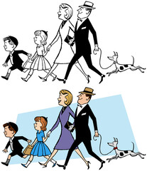 Sticker - A vintage retro cartoon of a family out for a walk with their dog. 