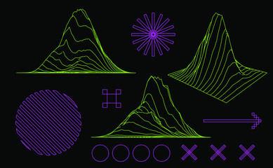 Poster - 3D polygonal mountain landscape in retrofuturistic style. Concept of big data and virtual reality.
