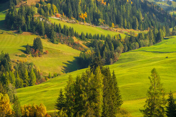  Typical hilly mountain landscape in the Dolomites with beautiful autumn colors on morning near the town of Cortina d’Ampezzo
