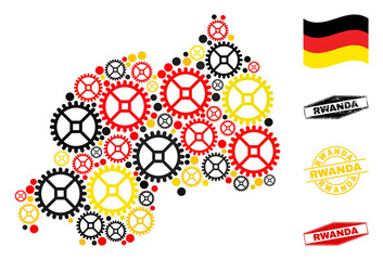 Sticker - Wheel Rwanda map collage and stamps. Vector collage is formed with wheel elements in different sizes, and German flag official colors - red, yellow, black.