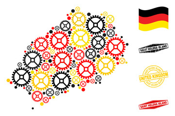 Sticker - Service Saint Helena Island map collage and stamps. Vector collage is created with repair service icons in various sizes, and Germany flag official colors - red, yellow, black.