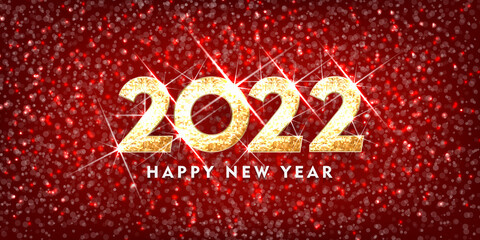 Wall Mural - 2022 Happy new year. Gold Design of greeting card. Gold Shining Pattern. Happy New Year Banner with 2022 Numbers on Bright Background. Vector illustration