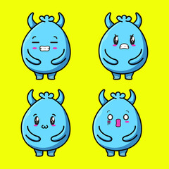 Set Kawaii Blue goblin cartoon monster vector image on yellow background cartoon icon illustration design isolated flat cartoon style