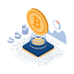 Poster - Isometric Bitcoin Over The Computer Chip and Circuit Board