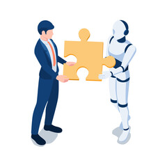 Aufkleber - isometric businessman and robot holding last piece of jigsaw together