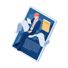 Poster - Isometric Businessman Reading Book with Digital Tablet