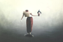 Illustration Of Creepy Clown Performance Holding His Head With Hand; Horror Humor Concept