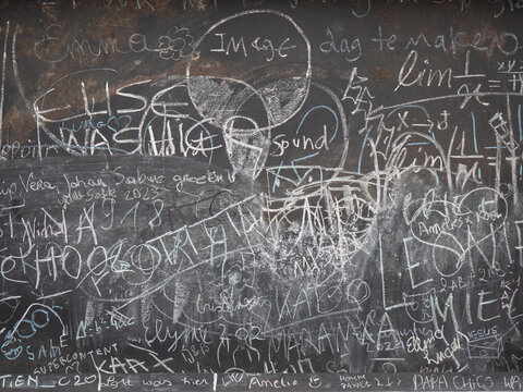 Real blackboard written with real writing chalk, all texts written through and over each other