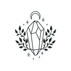 Wall Mural - mystical spiritual crystal among the foliage. vector illustration. print for apparel, cards, posters