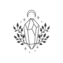 Wall Mural - mystical spiritual crystal among the foliage. vector illustration. print for apparel, cards, posters