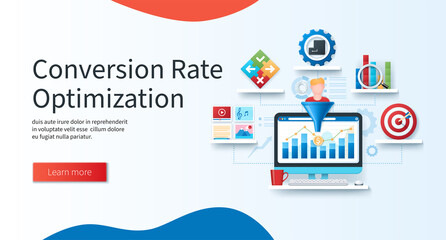Poster - conversion rate optimization concept. computer with business charts on the screen. content, behavior