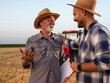 © Budimir Jevtic - Two male farmers standing in harvested field talking in front of tractor.