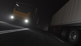 Fototapeta Sawanna - Low Angle View of Two Container Trucks Moving in Opposite Directions on the Road at Night 3D Rendering