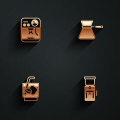 Wall Mural - Set Coffee machine, turk, Espresso tonic coffee and Electric grinder icon with long shadow. Vector