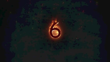 Sticker - Animation of 6 text in burning flames over dark background