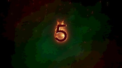 Sticker - Animation of 5 text in burning flames over dark background