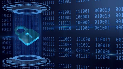 Poster - Abstract 3D graphic illustration on blue binary code background - shining light beam in cylinder shape with floating padlock between circular HUD elements - security and information technology concept
