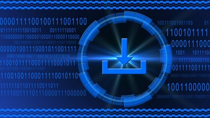 Poster - Download symbol centered into HUD elements on binary code background - blue banner design - data internet technology network concept - 3D illustration