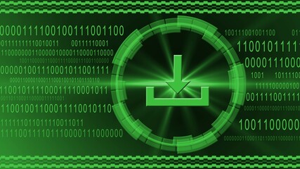 Poster - Download symbol centered into HUD elements on binary code background - green banner design - data internet technology network concept - 3D illustration