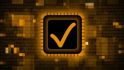 Poster - OK symbol on chip sensor - abstract background of blurred binary code in orange - quality control information technology concept - 3D illustration