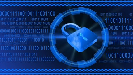 Poster - Padlock centered into HUD elements on binary code background - blue banner design - security and information technology concept - 3D illustration